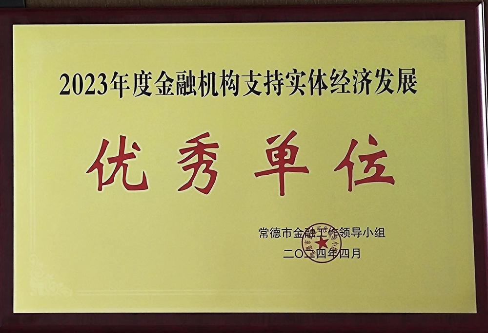 6號 2024.04 2023年度金融機構(gòu)支持地方經(jīng)濟發(fā)展優(yōu)秀單位——優(yōu)秀單位：“7+4”類地方金融機構(gòu) （一）融資擔保機構(gòu)：常德財鑫擔保有限公司、常德財科擔保有限公司；（二）常德雙鑫小額貸款股份有限公司：雙鑫小貸；（三）典當公司：常德財鑫典當有限公司。注：常德市金融工作領(lǐng)導(dǎo)小組頒發(fā)
